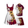 Contrast Color Sunflower Skulls Pattern Ruched Bust Belt Gothic Dress and Men's Button Up Roll Up Shirt Drawstrings Shorts Outfit - DEEP RED S | US 4