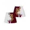 Contrast Color Sunflower Skulls Pattern Ruched Bust Belt Gothic Dress and Men's Button Up Roll Up Shirt Drawstrings Shorts Outfit - DEEP RED S | US 4