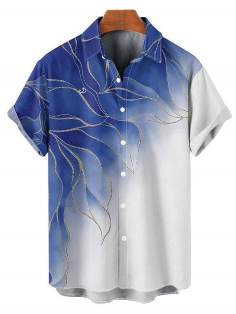 Men's Ombre Glitter Leaf Pattern Vacation Shirt Button Up Roll Up Short Sleeve Casual Shirt