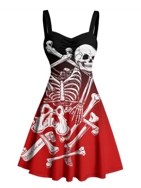 Robe gothique à motif ombré de squelettes, de crânes, de buste froncé, ceinture, col en cœur, coupe trapèze, mini robe de vacances