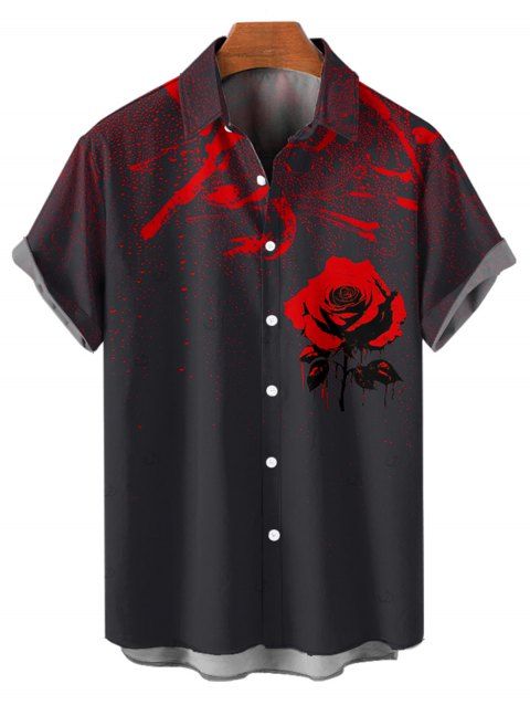 Chemise gothique à imprimé rose pour homme, boutonnée, retroussée, manches courtes, pour les vacances