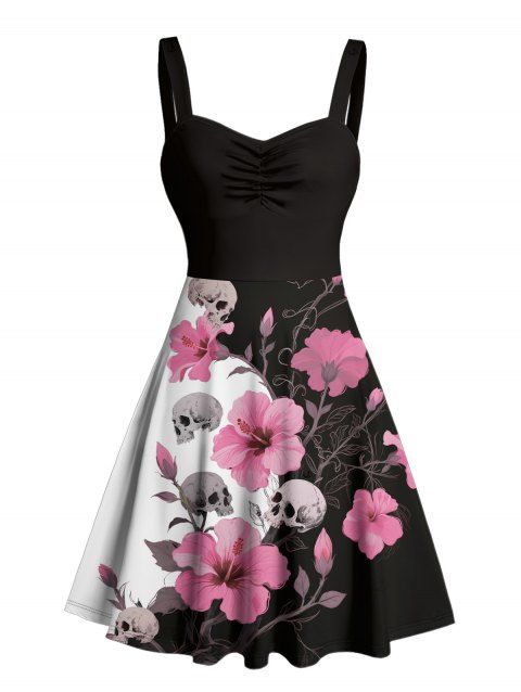 Robe gothique à motif de crânes et de fleurs d'hibiscus, couleur contrastée, buste froncé, col en cœur, mini robe de vacances trapèze