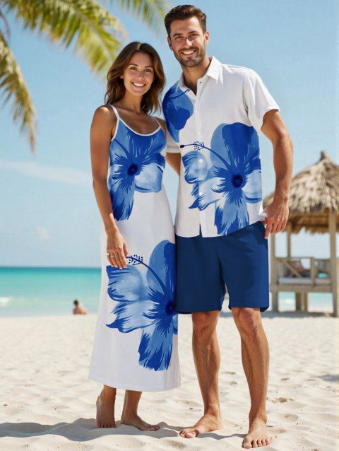Vacation Couple Outfit Tropical Floral Pattern Spaghetti Strap Pocket A Line Long Dress and Roll Up Sleeve Solid Color Drawstrings Shorts Matching Outfit