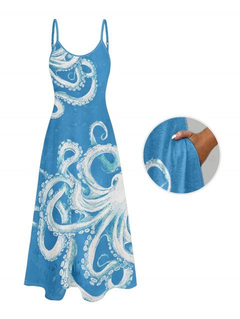 Robe de vacances à poches et motif de vie marine pieuvre, bretelles spaghetti réglables, coupe trapèze, longue robe de plage
