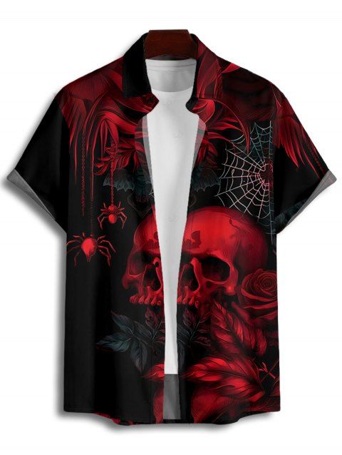 Chemise gothique à manches courtes et boutons pour homme, motif tête de mort, toile d'araignée et roses