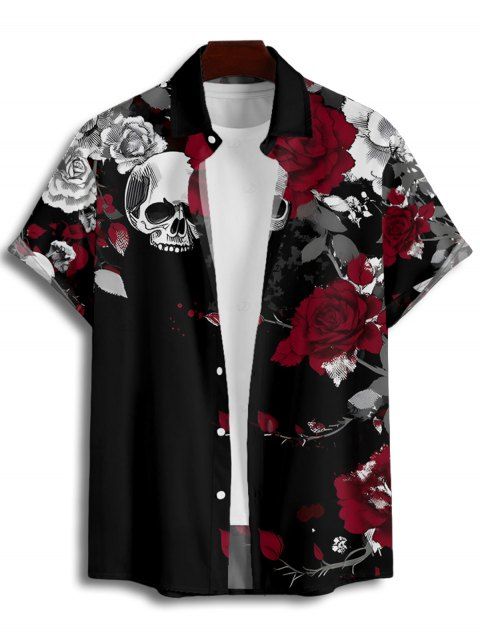 Chemise gothique à manches courtes et boutons pour homme, motif tête de mort, feuilles et roses