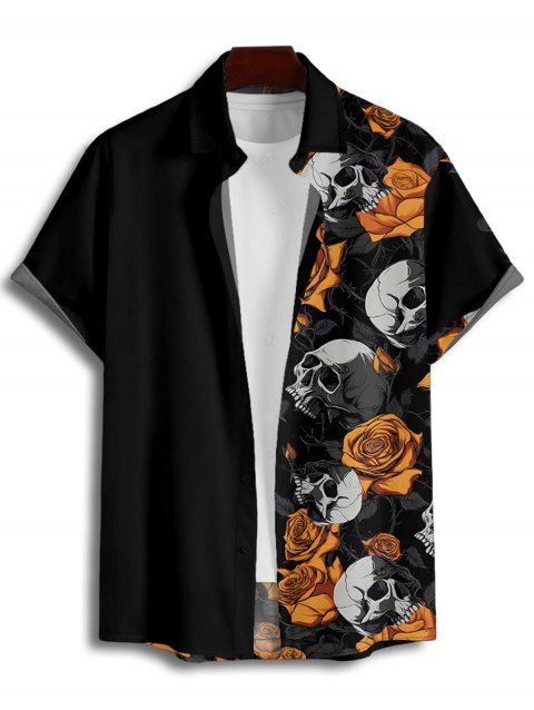 Chemise gothique à manches courtes et boutons pour homme, motif tête de mort et roses, style vacances