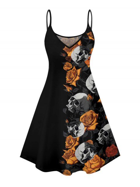 Robe gothique à motif tête de mort et roses, bretelles spaghetti, col en V, coupe trapèze, mini-robe débardeur de vacances