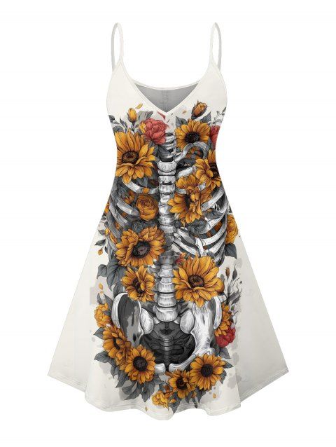 Robe gothique à motif squelette de tournesol, bretelles spaghetti, col en V, coupe trapèze, mini-robe débardeur de vacances