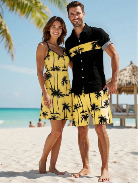 Vacation Style Palm Tree Printed Strapless Dress with Mens Short Sleeve Shirt and Mens Beach Pants Three Piece Set