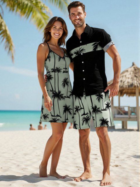 Vacation Style Palm Tree Printed Strapless Dress with Mens Short Sleeve Shirt and Mens Beach Pants Three Piece Set