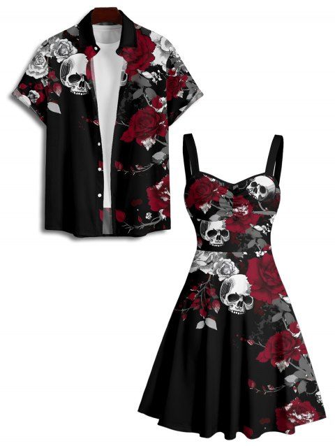 Gothic Couple Outfit Leaf Pattern Ruched Bust Sweetheart Neck A Line Mini Dress and Button Up Shirt Holiday Matching Outfit