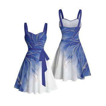 Ombre Glitter Leaf Pattern Ruched Bust Belt Vacation Dress Sweetheart Neck A Line Mini Casual Dress