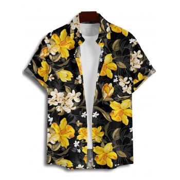 Men's Daffodil Leaf Pattern Vacation Shirt Button Up Roll Up Short Sleeve Casual Shirt
