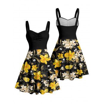 Daffodil Leaf Pattern Ruched Bust Vacation Dress Sweetheart Neck A Line Mini Casual Dress
