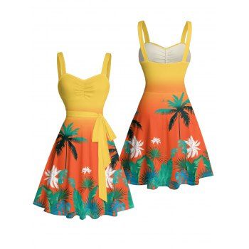 Ombre Coconut Tree Leaf Pattern Ruched Bust Belt Vacation Dress Sweetheart Neck A Line Mini Beach Dress