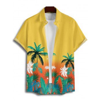 Vacation Couple Outfit Ombre Coconut Tree Leaf Pattern Ruched Bust Belt Sweetheart Neck Dress and Button Up Shirt Beach Matching Outfit