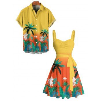 Vacation Couple Outfit Ombre Coconut Tree Leaf Pattern Ruched Bust Belt Sweetheart Neck Dress and Button Up Shirt Beach Matching Outfit
