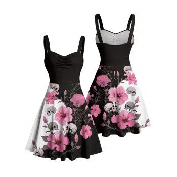 Hibiscus Flower Skulls Pattern Contrast Color Ruched Bust Gothic Dress Sweetheart Neck A Line Mini Holiday Dress