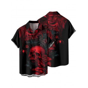 Men's Skulls Spider Web Rose Pattern Gothic Shirt Button Up Roll Up Short Sleeve Holiday Shirt