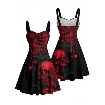 Skulls Spider Web Rose Pattern Ruched Bust Gothic Dress Sweetheart Neck A Line Mini Holiday Dress
