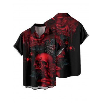 Gothic Couple Outfit Skulls Spider Web Rose Pattern Ruched Bust Sweetheart Neck A Line Mini Dress and Button Up Shirt Holiday Matching Outfit