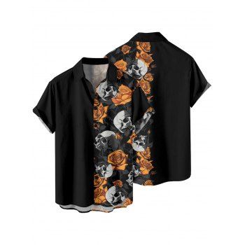 Gothic Couple Outfit Skulls Rose Pattern Spaghetti Strap V Neck A Line Mini Tank Dress and Button Up Shirt Holiday Matching Outfit