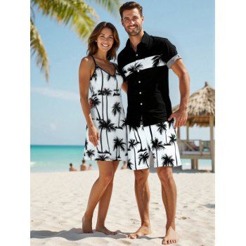 Vacation Style Palm Tree Printed Strapless Dress with Mens Short Sleeve Shirt and Mens Beach Pants Three Piece Set