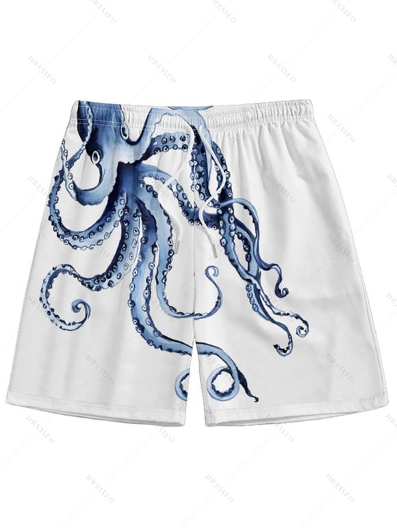 Short de bain à taille élastique et cordon de serrage pour homme, imprimé poulpe, motif plage - Blanc M