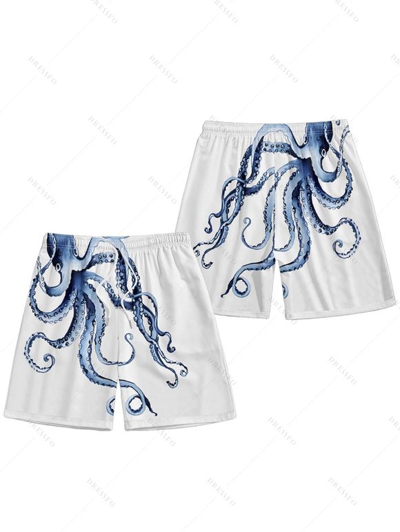 Short de bain à taille élastique et cordon de serrage pour homme, imprimé poulpe, motif plage - Blanc M
