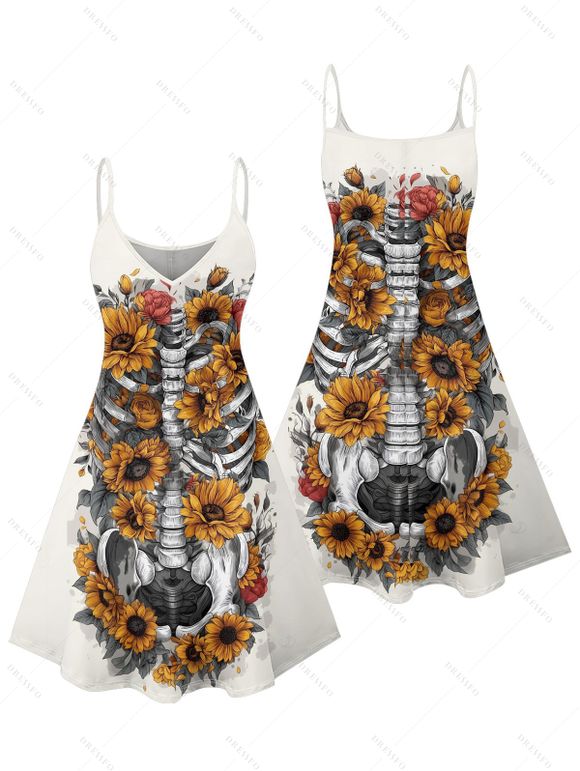 Robe gothique à motif squelette de tournesol, bretelles spaghetti, col en V, coupe trapèze, mini-robe débardeur de vacances - Blanc XXXXXL | US 20