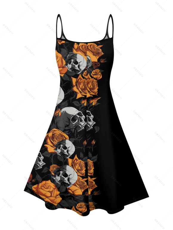 Robe gothique à motif tête de mort et roses, bretelles spaghetti, col en V, coupe trapèze, mini-robe débardeur de vacances - Noir XXXL | US 16