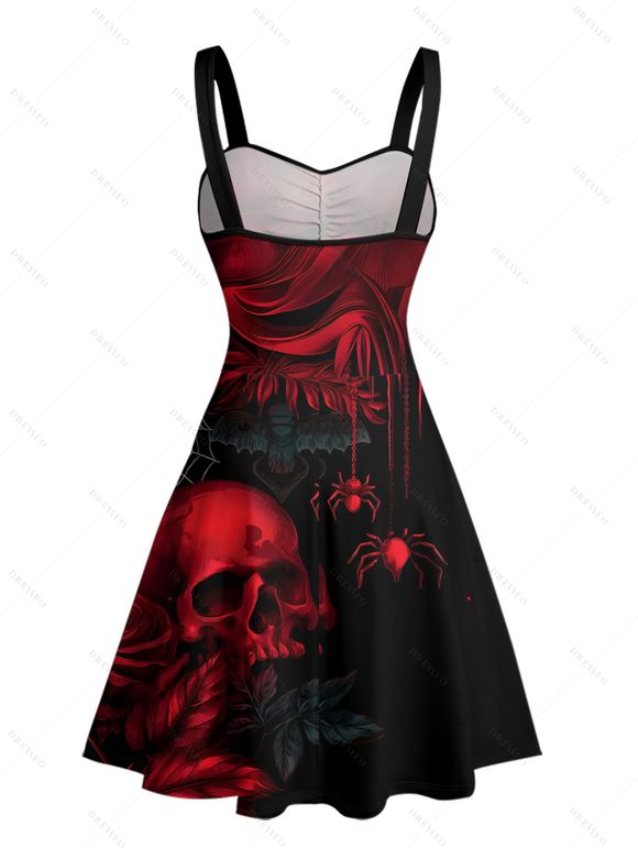 Robe gothique à col en cœur et mini robe trapèze à motif de roses et de crânes, buste froncé - Noir XXXXXL | US 20