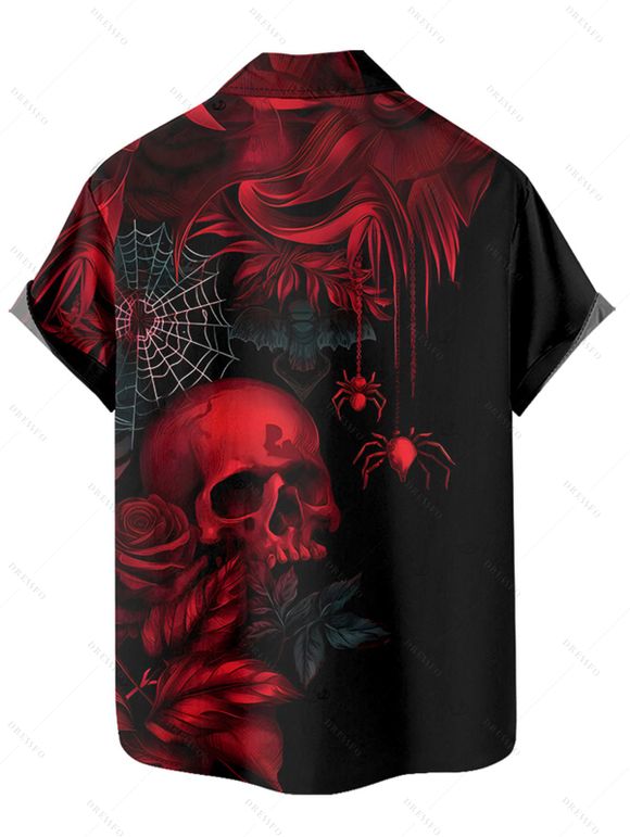Chemise gothique à manches courtes et boutons pour homme, motif tête de mort, toile d'araignée et roses - Noir 5XL