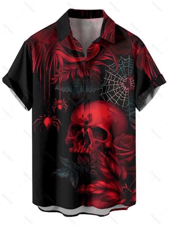 Chemise gothique à manches courtes et boutons pour homme, motif tête de mort, toile d'araignée et roses - Noir 5XL