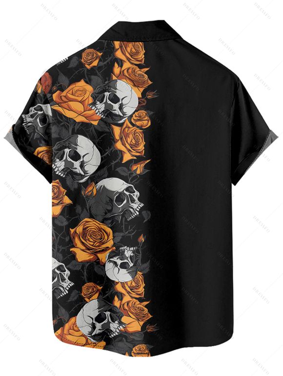 Chemise gothique à manches courtes et boutons pour homme, motif tête de mort et roses, style vacances - Noir M