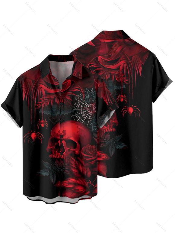 Chemise gothique à manches courtes et boutons pour homme, motif tête de mort, toile d'araignée et roses - Noir 5XL