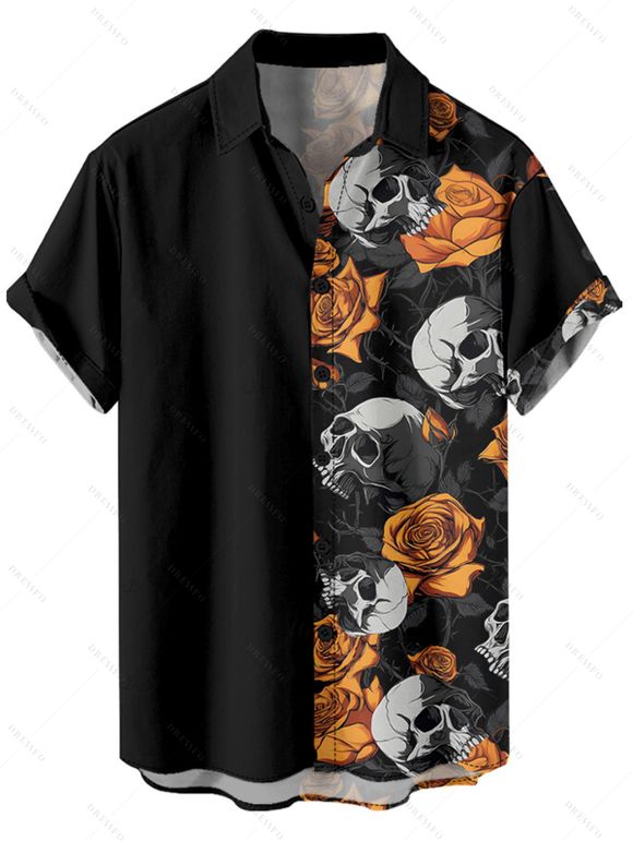 Chemise gothique à manches courtes et boutons pour homme, motif tête de mort et roses, style vacances - Noir M