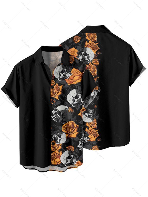 Chemise gothique à manches courtes et boutons pour homme, motif tête de mort et roses, style vacances - Noir M