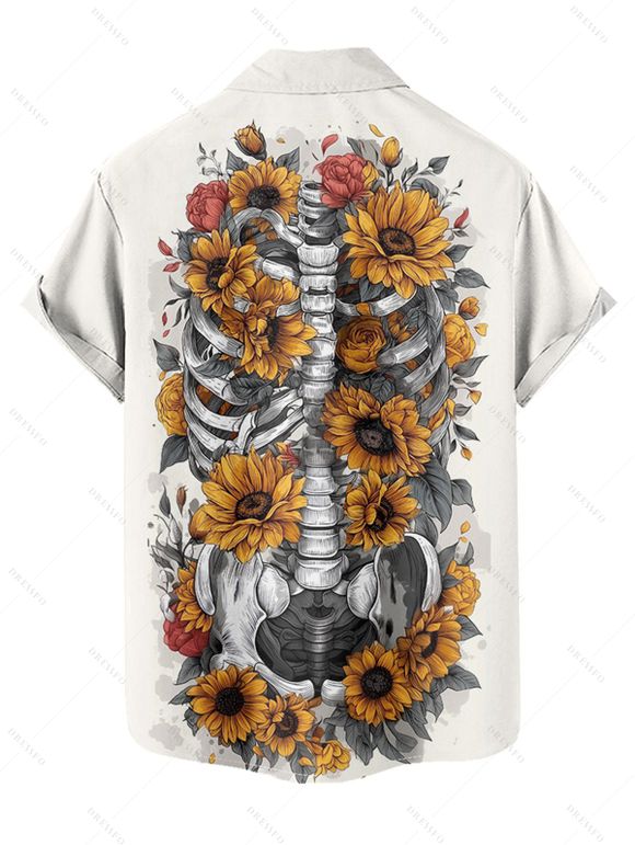 Chemise gothique à manches courtes et boutons pour homme, motif squelette de tournesol, style vacances - Blanc 5XL