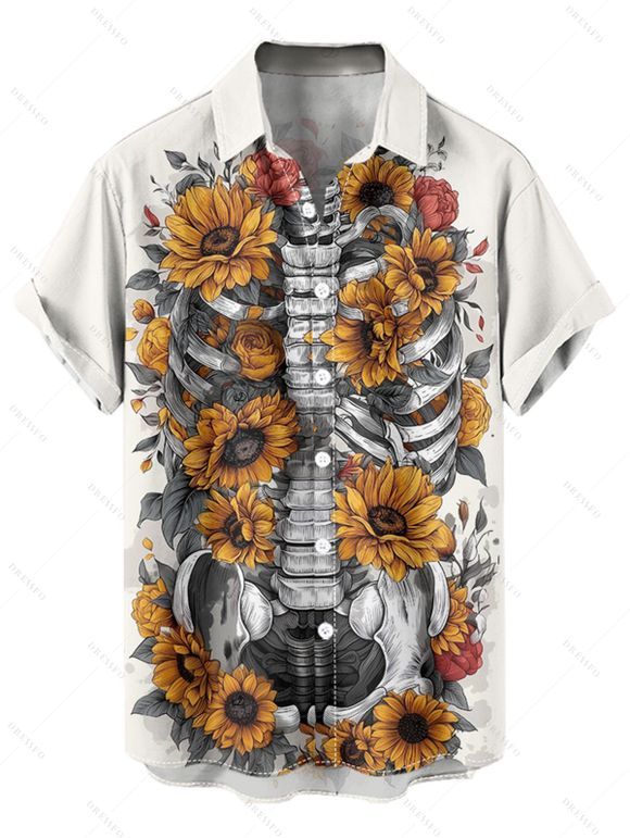 Chemise gothique à manches courtes et boutons pour homme, motif squelette de tournesol, style vacances - Blanc 5XL