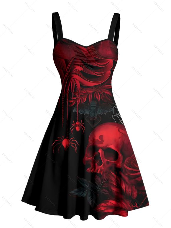 Gothic Couple Outfit Skulls Spider Web Rose Pattern Ruched Bust Sweetheart Neck A Line Mini Dress and Button Up Shirt Holiday Matching Outfit - Noir S | US 4