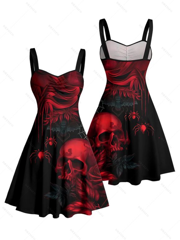 Gothic Couple Outfit Skulls Spider Web Rose Pattern Ruched Bust Sweetheart Neck A Line Mini Dress and Button Up Shirt Holiday Matching Outfit - Noir S | US 4