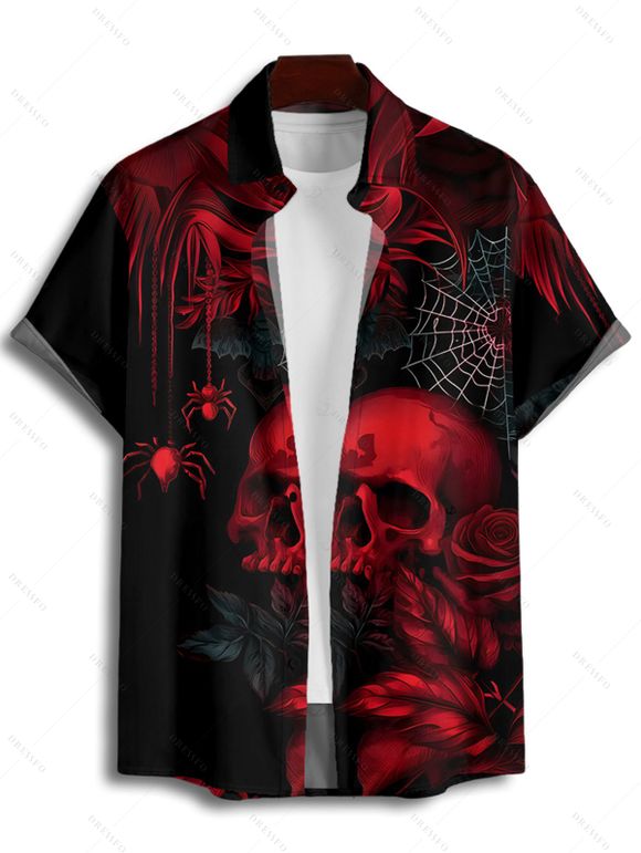 Gothic Couple Outfit Skulls Spider Web Rose Pattern Ruched Bust Sweetheart Neck A Line Mini Dress and Button Up Shirt Holiday Matching Outfit - Noir S | US 4
