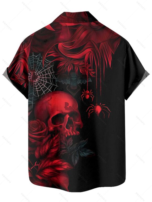 Gothic Couple Outfit Skulls Spider Web Rose Pattern Ruched Bust Sweetheart Neck A Line Mini Dress and Button Up Shirt Holiday Matching Outfit - Noir S | US 4
