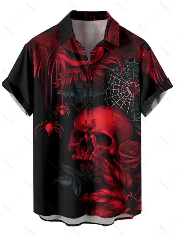 Gothic Couple Outfit Skulls Spider Web Rose Pattern Ruched Bust Sweetheart Neck A Line Mini Dress and Button Up Shirt Holiday Matching Outfit - Noir S | US 4