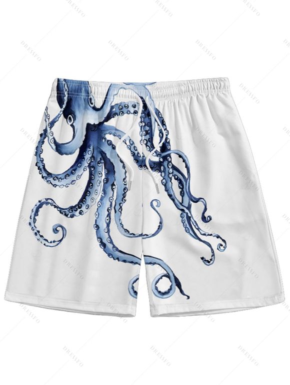 Vacation Couple Outfit Octopus Print V Neck Spaghetti Strap Dress A Line Dress and Button Up Shirt Drawstrings Shorts Beach Matching Outfit - Blanc S | US 4