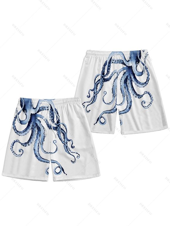 Vacation Couple Outfit Octopus Print V Neck Spaghetti Strap Dress A Line Dress and Button Up Shirt Drawstrings Shorts Beach Matching Outfit - Blanc S | US 4