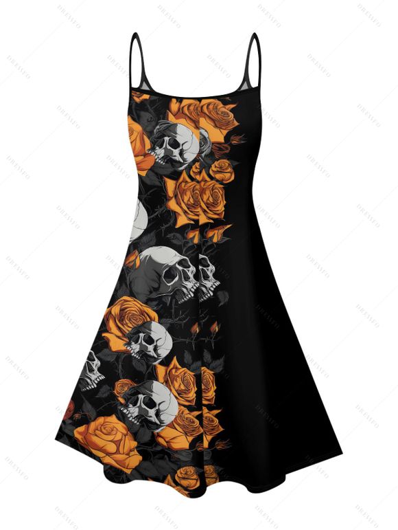 Gothic Couple Outfit Skulls Rose Pattern Spaghetti Strap V Neck A Line Mini Tank Dress and Button Up Shirt Holiday Matching Outfit - Noir S | US 4