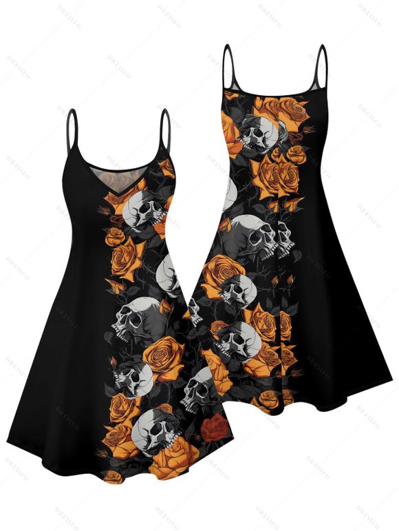 Gothic Couple Outfit Skulls Rose Pattern Spaghetti Strap V Neck A Line Mini Tank Dress and Button Up Shirt Holiday Matching Outfit - Noir S | US 4